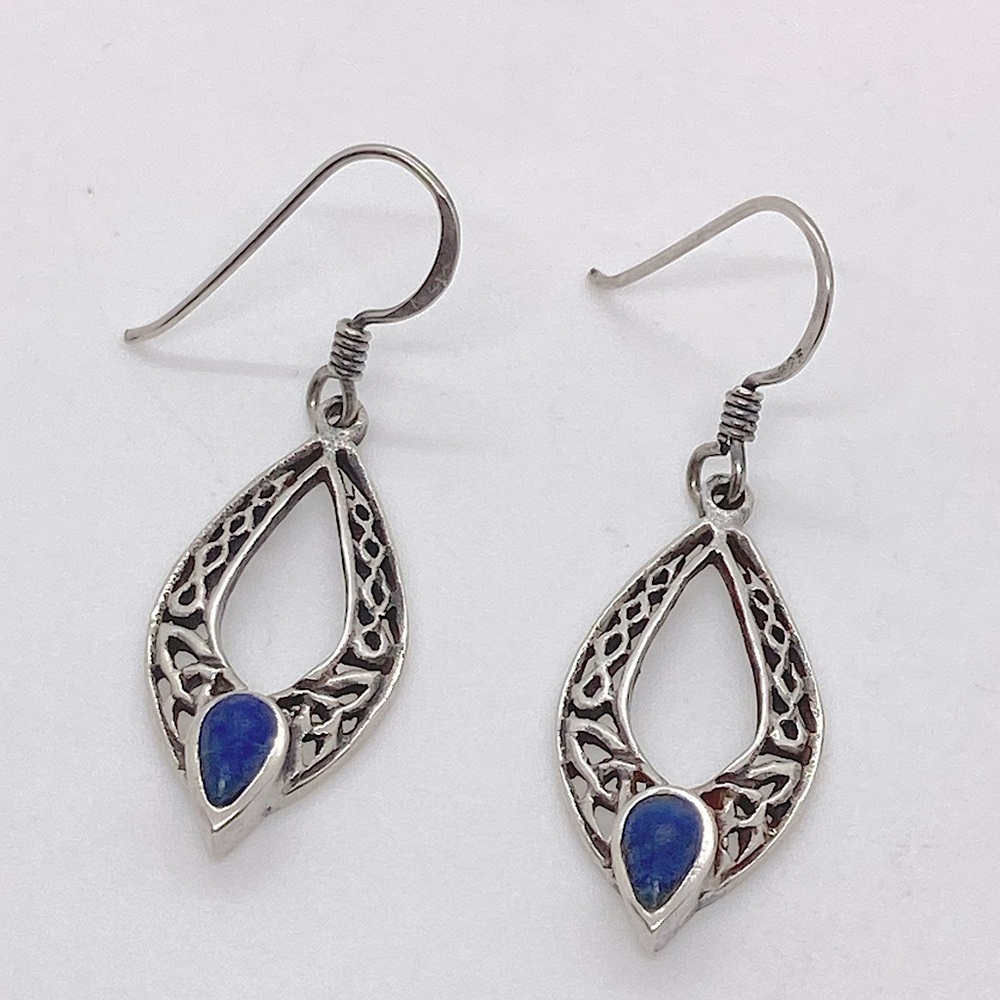 Vtg Sterling Silver Lapis Celtic Knot Shepherds Hook Post Dangle Earrings | 1.5”